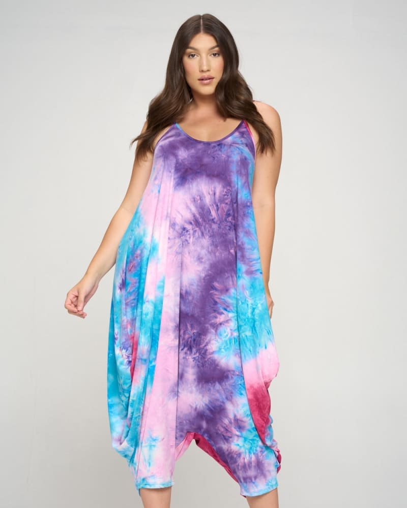 Front of a model wearing a plus size Tie Dye Harem Jumpsuit in Purple/Turquoise/Magenta TD by L I V D. | dia_product_style_image_id:241123